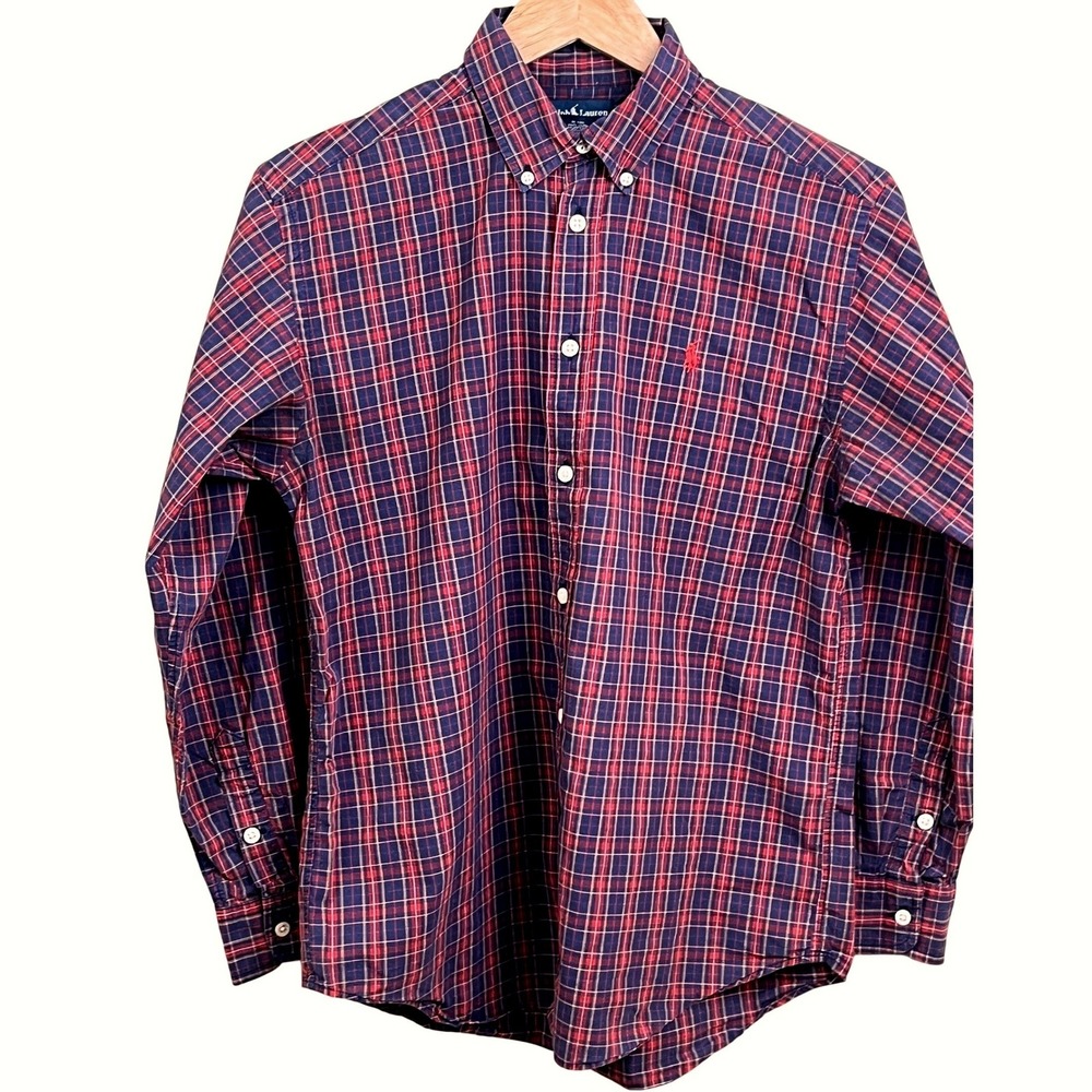 Ralph Lauren Classic Red Blue Check Button Collar Long Sleeve Shirt Youth 16-18